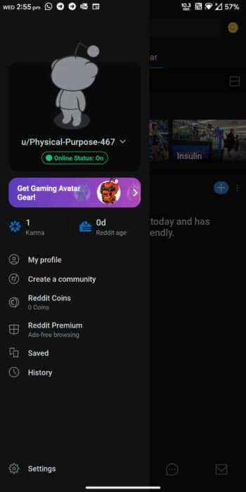 Menu aplikasi Reddit