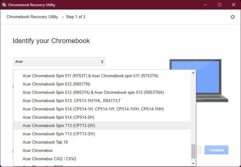 Pilih produsen Chromebook dan nomor model-1