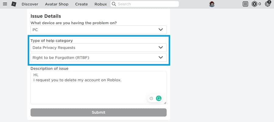 hapus formulir dari akun roblox Anda