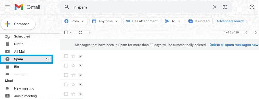 bagian spam di situs desktop