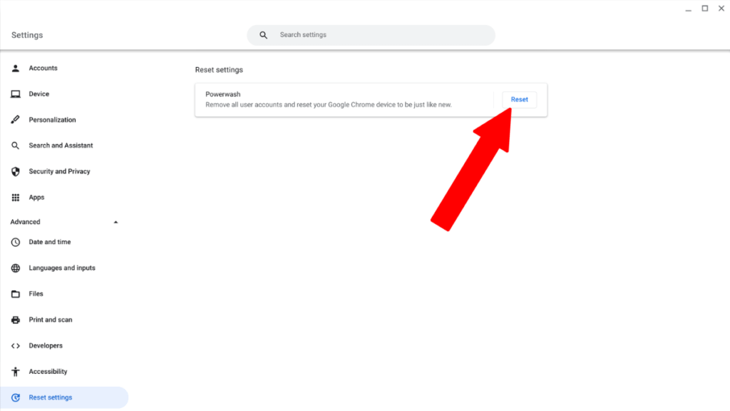 Pengaturan Chrome OS mengatur ulang pengaturan powerwash
