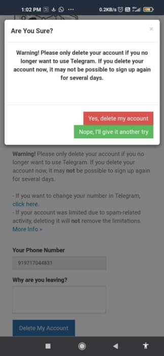 konfirmasi penghapusan akun telegram