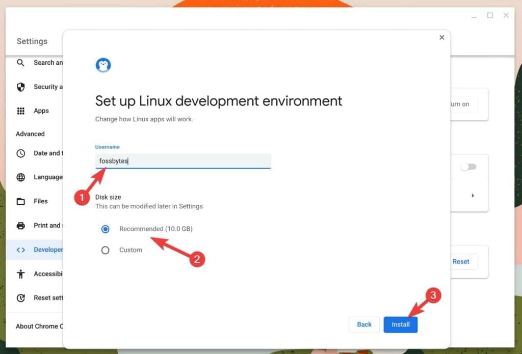 Masukkan nama pengguna dan klik instal - Instal Linux di Chromebook