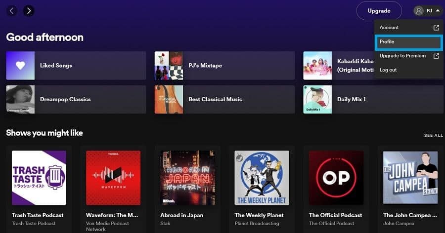 menu profil spotify
