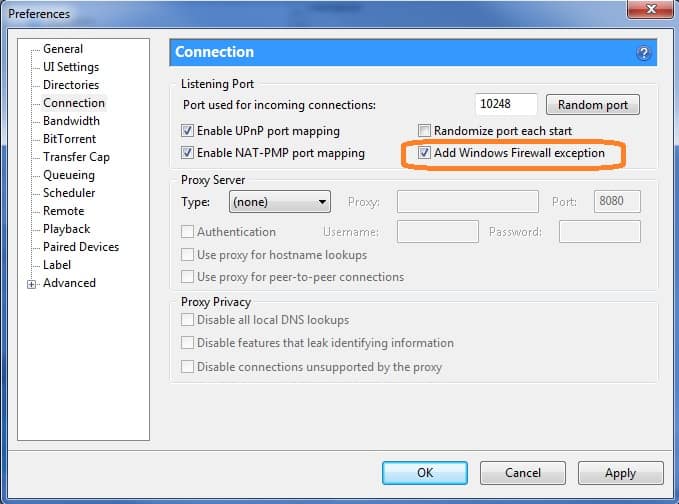 Aktifkan pengecualian Windows Firewall untuk meningkatkan kecepatan unduhan torrent