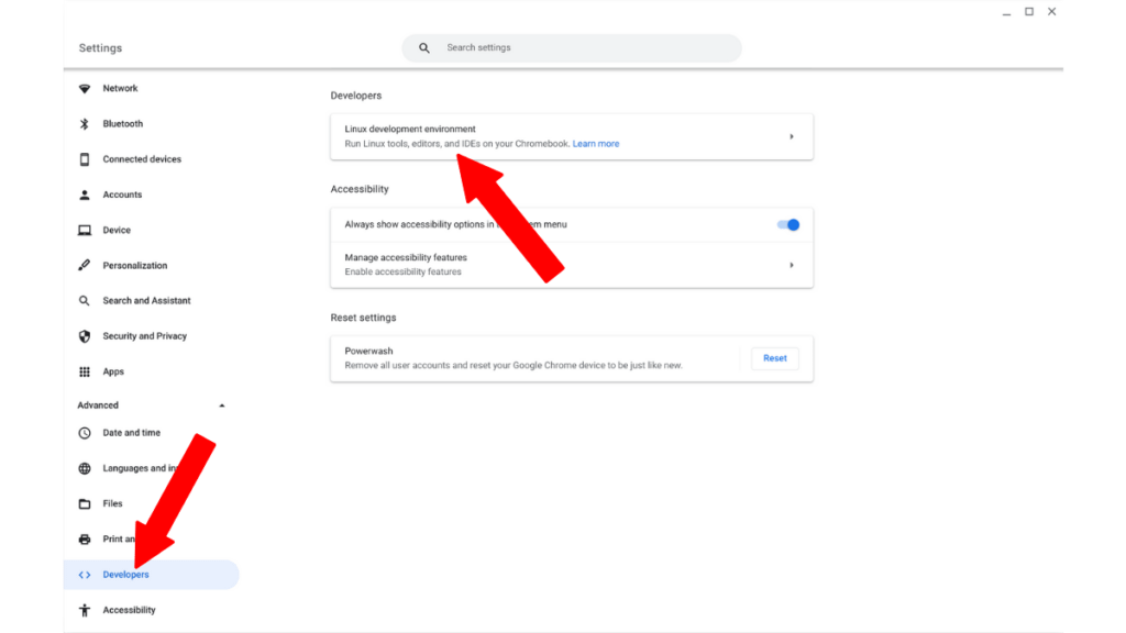 Penyiapan Chrome OS, pengembang, lingkungan pengembangan Linux